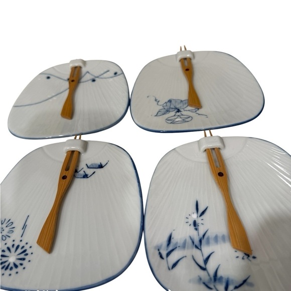 Lillian Vernon Sushi Plates Fan Shaped Porcelain With 4 Bamboo Forks 1981 5X5 - Picture 1 of 5